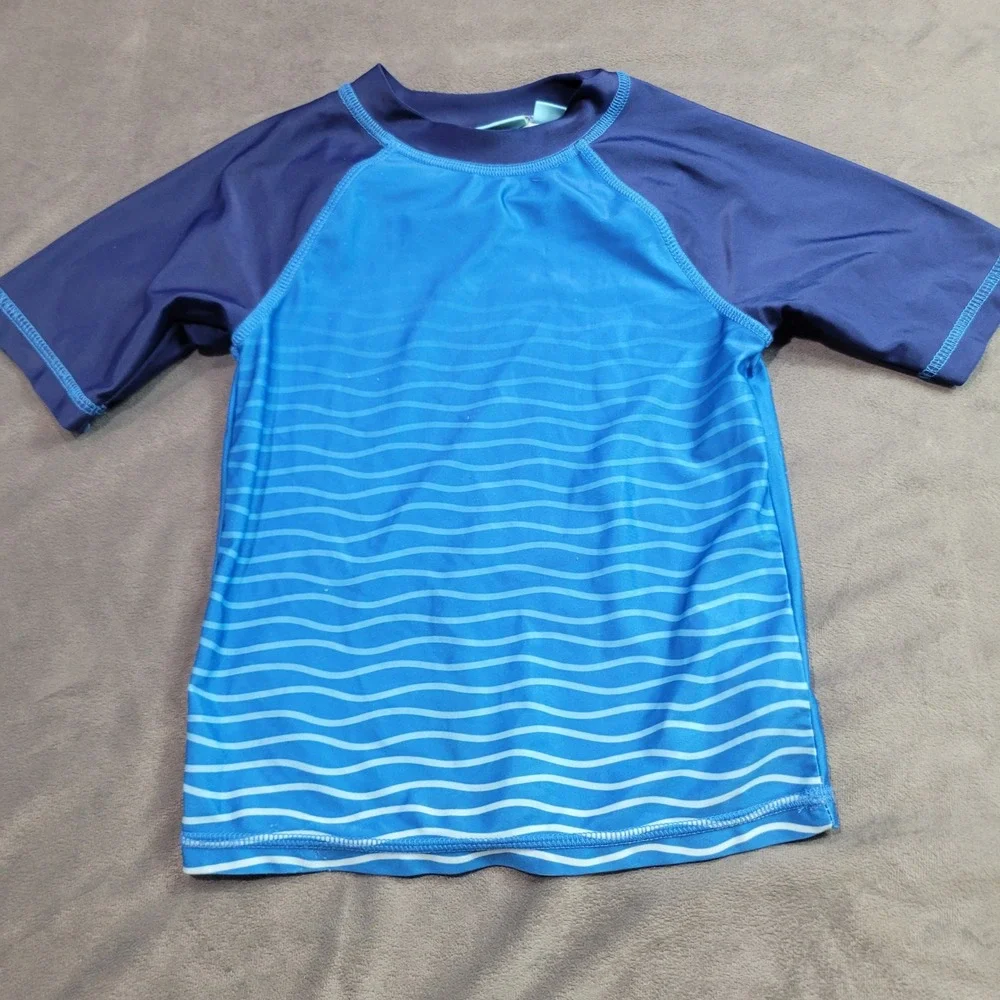 Lightning Bug Boys Blue Wave Print Rash Guard Short Sleeve Swim Shirt Size 6